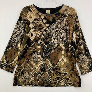Jess & Jane Large Brown Black Aztec Artsy Boho Stretch 3/4 Sleeve Pullover Top